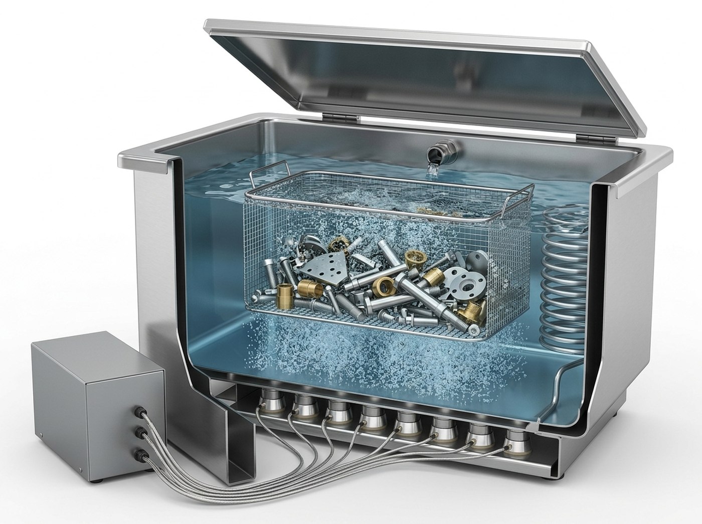 Cutaway view of an ultrasonic cleaning tank: piezoelectric transducers under the bottom, generator, basket with small machined parts and a cloud of microbubbles